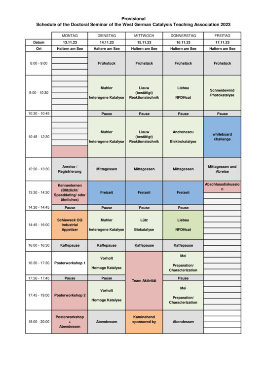 Schedule of the Doctoral Seminar of the West German Catalysis Teaching Association 2022