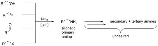 Amination of different plattform chemicals with ammonia. Reaktion von R-C-Oh; R-C=; R-C=O; R-C-X mit NH3 und katalysiert zu R-C-NH2 (aliphatic, primary amine) -> undesired secondary+tertiary amines