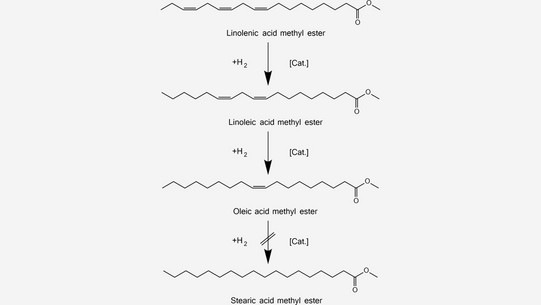 Reaktion: C-C-C=C-C-C=C-C-C=C-C-C-C-C-C-C-C-CO-O-C Linolenic acid methyl ester ->(+H2+Cat.) C-C-C-C-C-C=C-C-C=C-C-C-C-C-C-C-C-CO-O-C Linoleic acid methyl ester ->(+H2+Cat.) C-C-C-C-C-C-C-C-C=C-C-C-C-C-C-C-C-CO-O-C Oleic acid methyl ester ->(Crossed out)(+H2+Cat.) C-C-C-C-C-C-C-C-C-C-C-C-C-C-C-C-C-CO-O-C Stearic acid methyl ester
