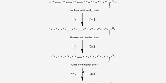 Reaktion: C-C-C=C-C-C=C-C-C=C-C-C-C-C-C-C-C-CO-O-C Linolenic acid methyl ester ->(+H2+Cat.) C-C-C-C-C-C=C-C-C=C-C-C-C-C-C-C-C-CO-O-C Linoleic acid methyl ester ->(+H2+Cat.) C-C-C-C-C-C-C-C-C=C-C-C-C-C-C-C-C-CO-O-C Oleic acid methyl ester ->(Crossed out)(+H2+Cat.) C-C-C-C-C-C-C-C-C-C-C-C-C-C-C-C-C-CO-O-C Stearic acid methyl ester