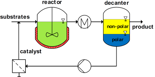 Prozessfließbild: substrate -> reator -> wärmetauscher -> decanter(->non-polar zu product) -> Rückführung des polaren wobei wasser abtrennt wird und nur der katalysator zurückgeführt